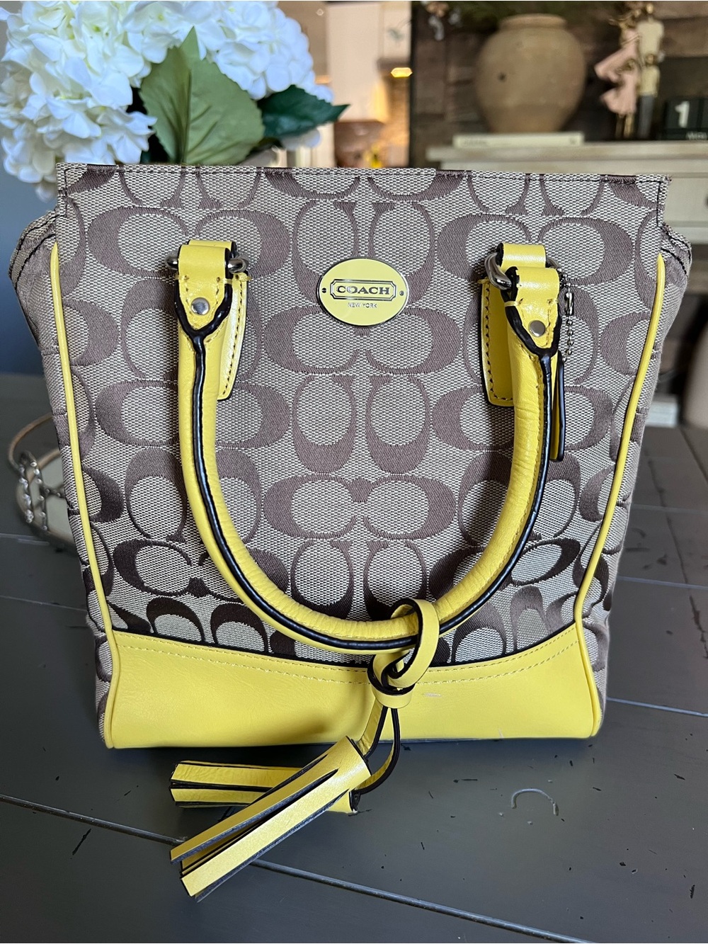 Coach Brown Signature Canvas Tote with Yellow Leather Trim